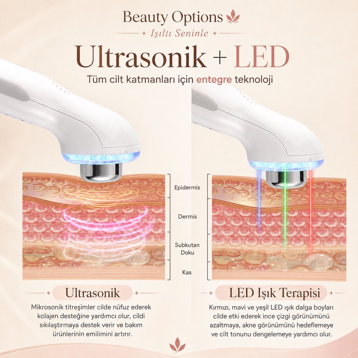 Ultrasonik ve LED cilt bakım teknolojisi diyagramı